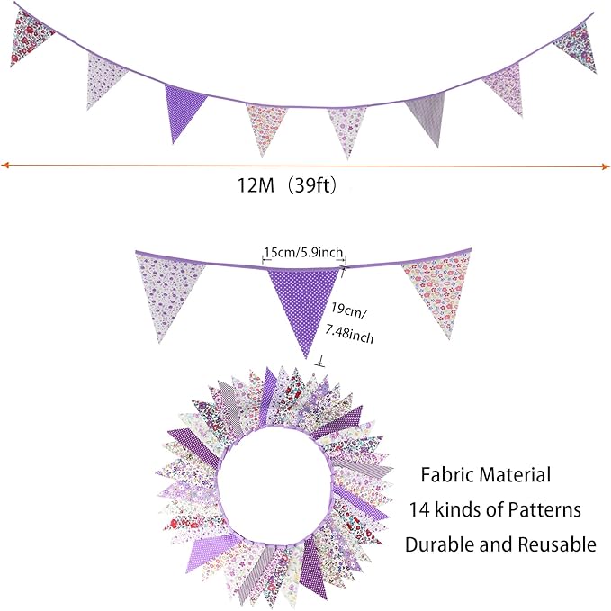 Zwiebeco 39Ft Purple Floral Fabric Bunting Banner Triangle Flag Party Decorations Hanging Cotton Rustic Vintage Flowers Garland Pennant for Wedding Birthday Tea Nursery Home Outdoor Garden Supplies