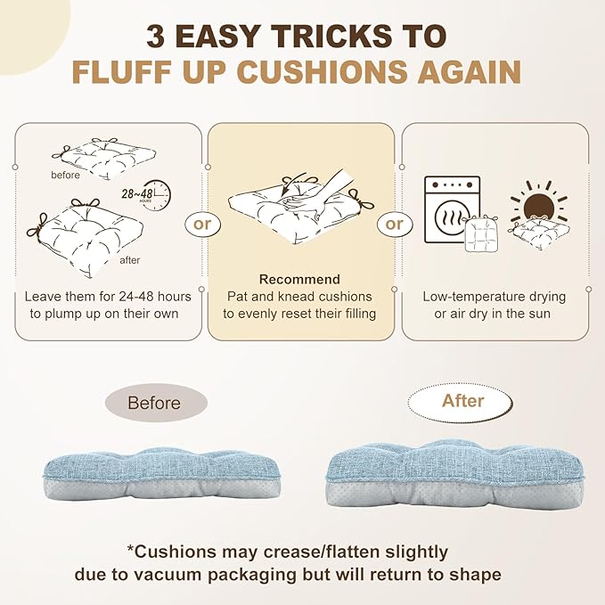 downluxe Indoor Chair Cushions for Dining Chairs, Tufted Overstuffed Textured Foam Kitchen Chair Pads with Ties and Non-Slip Backing, 15.5" x 15.5" x 4", Light Blue, 4 Pack