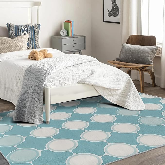 Aqua and White Rug, 5x6 Rug, Blue Rugs for Entryway, Geometric Large Area Rug, Washable Rug Non Slip Soft Indoor Carpet, Kids and Pets Friendly, Aqua and White Home & Room Decor