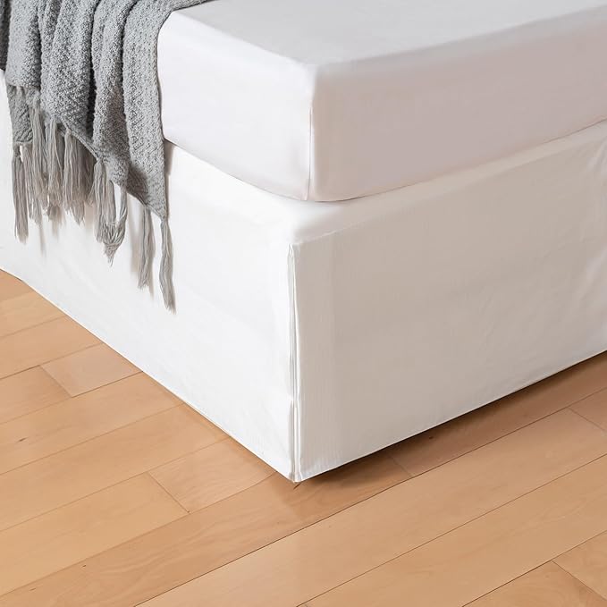 Queen Bed Skirt, Grid Plaid Soft Quadruple Pleated Ruffle Bed Skirt, Tailored Dust Ruffle 16 Inch Drop Easy Fit, Mashable (White)