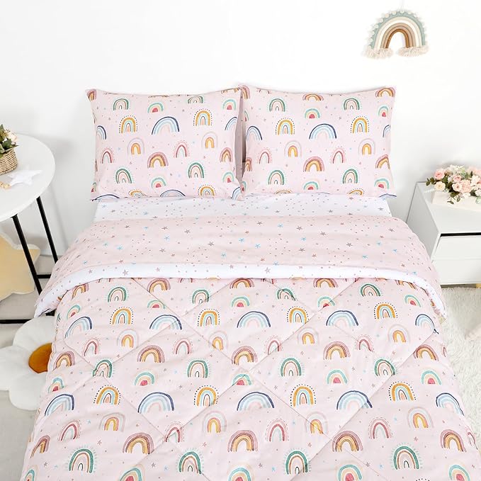 Twin Size Toddler Bedding Set for Girls 5 Piece Toddler Girl Bedding, Super Soft Toddler Comforter Set Includes Comforter, Flat Sheet, Fitted Sheet, Pillowcase (Pink Cute Rainbow)
