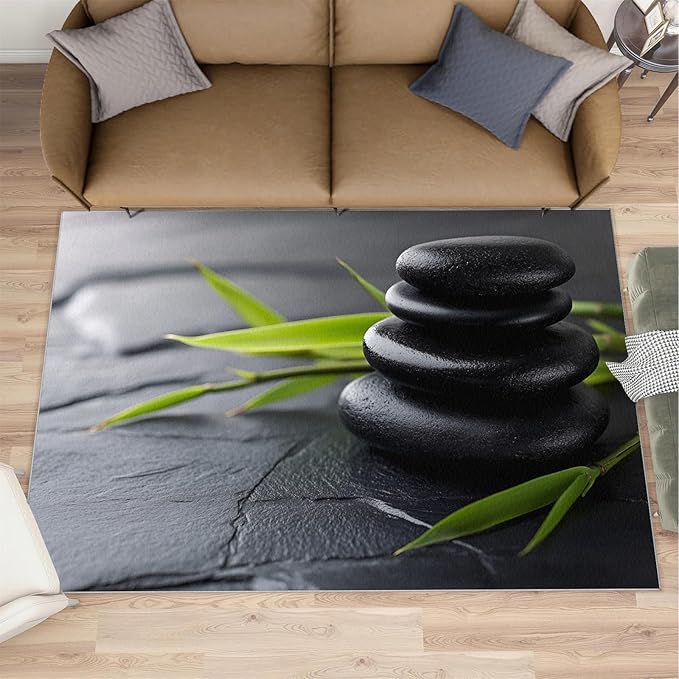 Zen Buddhism Rugs for Bedroom - 6x8 Area Rug - Black Zen Dianthus Leaf Rugs for Living Room, Meditation Yoga Rug, Washable Home Decor Carpet
