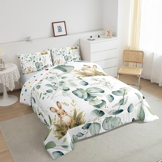 Erosebridal Girls Kawaii Animal Full Bedding Sets Cute Rabbit Comforter Set, Cartoon Wildlife Bedding Comforter Sets Green Leaf Duvet Insert, Spring Plant Down Comforter Child Kids Bedroom Decor