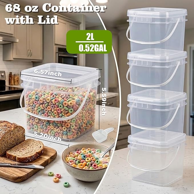 DEMORA 68oz Food Grade Square Plastic Bucket with Lid, Clear Airtight Storage Container, Reusable Pail for Kitchen Food Water Ice Cream Household Use (Transparent, 6Pcs)