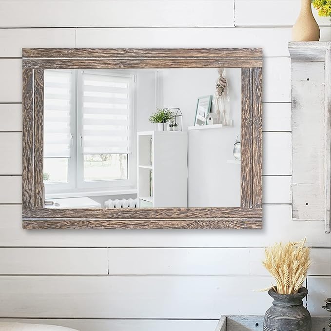 AAZZKANG Mirror with Wood Framed Rectangle Rustic Wall Mirrors Decor Large 20"x16" for Bedroom Bathroom Living Room Entryway