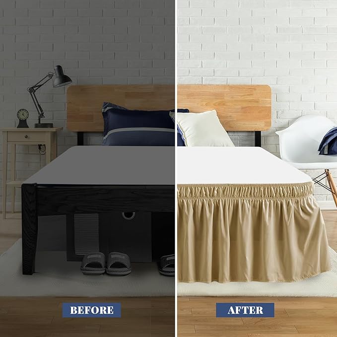 Twin Bed Skirt, Elastic Wrap Around Bed Skirt Twin Size, Bed Skirts for Adjustable Bed, Easy Fit with 18" Drop Length Tailored Drop Dust Ruffle (Beige)
