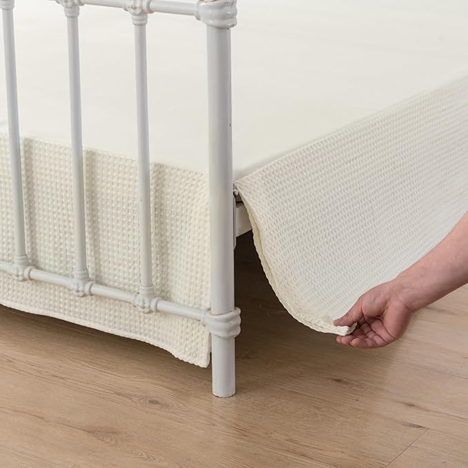 Queen Bed Skirt, Pleated Waffle Weave Bed Skirt with Split Corners, Tailored Dust Ruffle 16 Inch Drop Easy Fit, Machine Washable, Ivory, 16" Queen