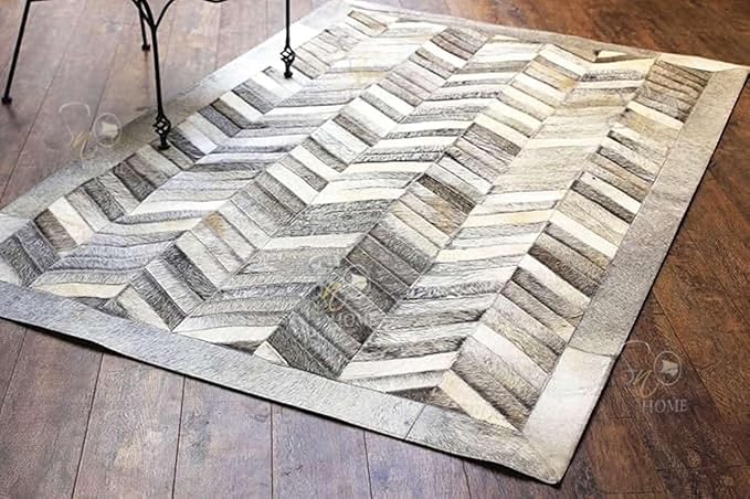 Chevron Pattern Faux Cowhide Area Rug | Non-Slip Leather Carpet for Living Room, Bedroom, and Office | Modern Designer Rug for Home Décor(4x6 ft_Grey)