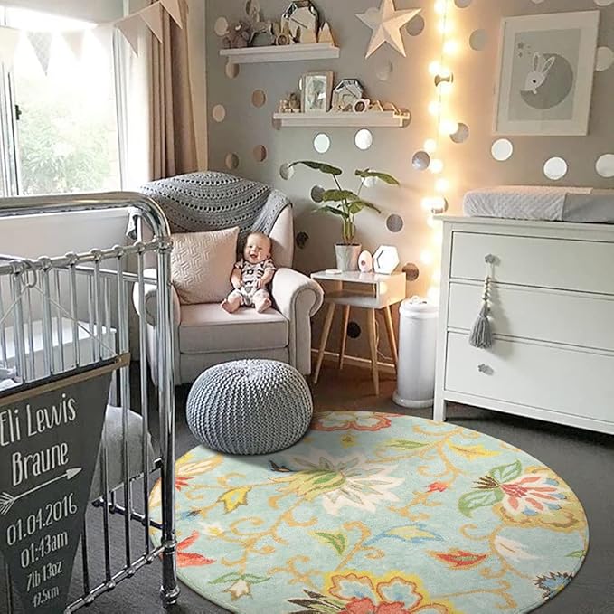 Lahome Collection Modern Floral Round Rug - 3' Diameter Non-Slip Distressed Area Rug Small Accent Throw Rugs Floor Carpet for Door Mat Entryway Bedrooms Laundry Room Decor (3 ft, Paisley)
