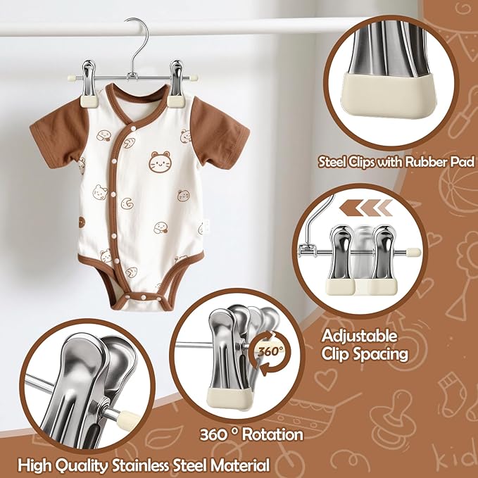 Mity rain40-Pack Baby Hangers - 360° Rotatable Silicone Clip Kid Hangers, Space-Saving Toddler Hanger,Premium Stainless Steel, Ideal for Newborn & Children Wardrobe Organization.