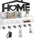 VIS'V Key Holder Wall Mount, Decorative Wooden Mail and Key Organizer with Storage Basket and Shelf, 2 Compartments, 6 Hooks, White