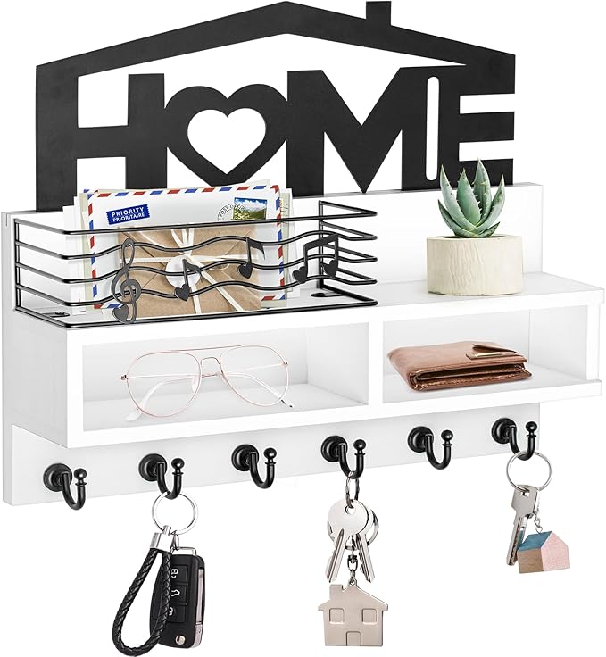 VIS'V Key Holder Wall Mount, Decorative Wooden Mail and Key Organizer with Storage Basket and Shelf, 2 Compartments, 6 Hooks, White