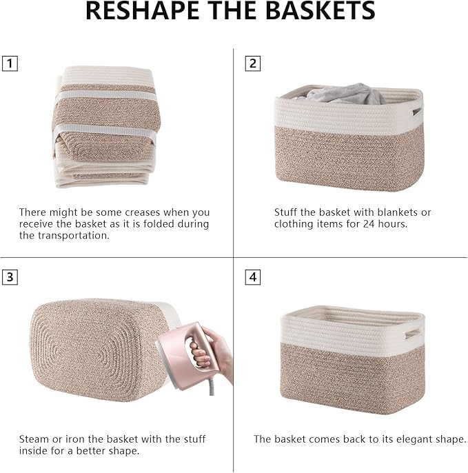 4 Pack Storage Baskets for Organizing, Woven Baskets for Shelves - Perfect for Toys, Books, Towels, and Clothes, Durable Gift Basket Bins Toy Storage, 12.7''Lx9''Wx7.8''H, Brown & White