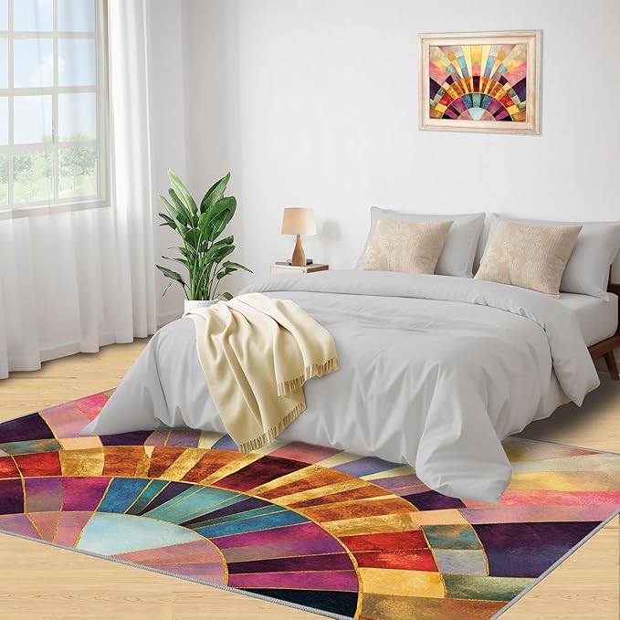 Chromatic Geometric Area Rugs 5x8ft, Abstraction Deco Living Room Carpet, Mosaic Sunburst Decorative Carpet Protect Floor for Bedroom Men Office Hardwood Floors