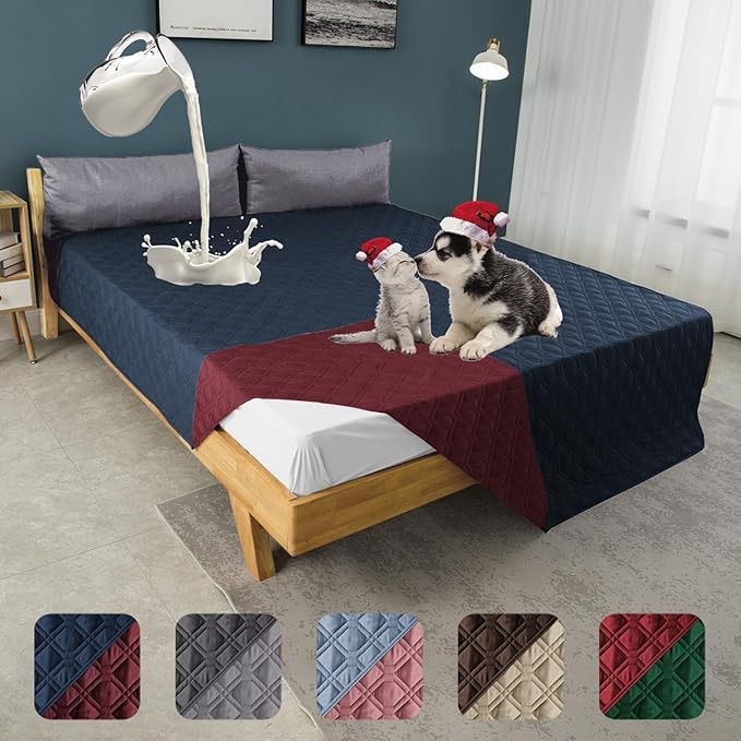 100% Waterproof Dog Bed Cover 120x82 inch Reversible Changing Pad Reusable Camping Mat for Kids/Pet/Dog/Cat Washable Geometric Embroidery Blanket Patchwork Navy+Burgundy