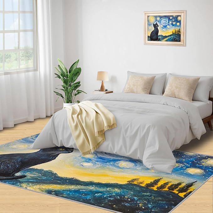 Black Cat Rugs for Bedroom - 2x3 Area Rug - Starry Sky Countryside Rugs for Living Room, Vintage Oil Painting Art Rug, Washable Home Decor Carpet