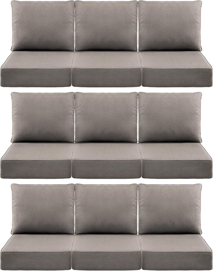 Luxury 6" Outdoor Cushions for Patio Furniture, 24x24x6" Thick Seat Cushion Set of 9, Fade Resistant Couch Chair Replacement Cushions High Density Deep Wicker Chair Cushion w/ Removable Cover Gray