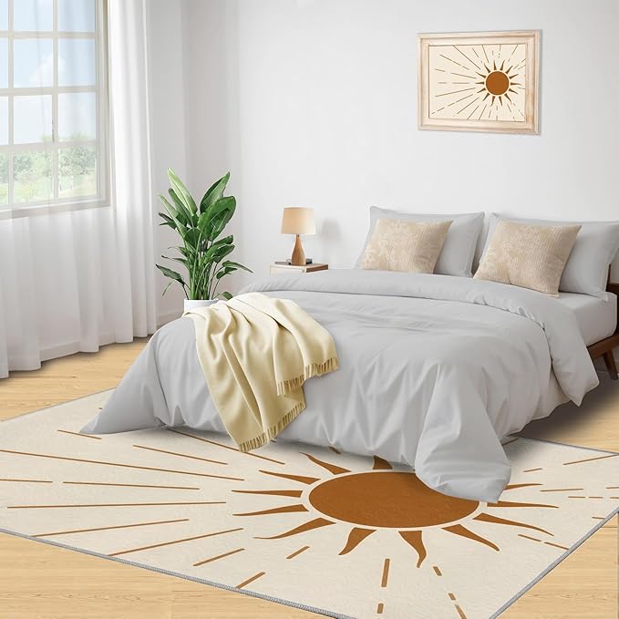 Boho Sun Area Rugs 4x5ft, Radiant Sunburst Kids Play Rug, Geometric Solar Throw Rugs Bedroom Fluffie Soft for Coffee Shop Living Room Under Table Game Room