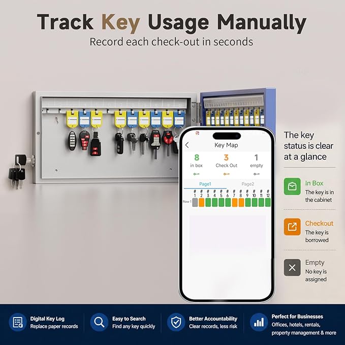 WeHere 24-Key Smart Key Lock Box Wall-Mount, Key Cabinet with Key Management App(Track Key Borrow/Return), Keypad, Bluetooth & WiFi Unlock (Sold Separately) for Commercial, School, Rental, Office