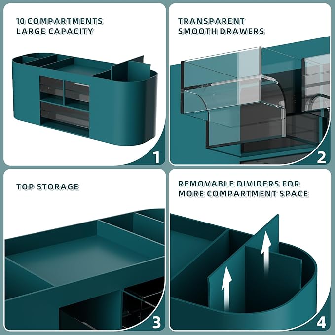 Marbrasse Pen Holder for Desk with 3 Drawers, Multi-Functional Pencil Holder, Desk Organizers and Accessories with 7 Compartments for Home, School, Classroom (Dark Green)