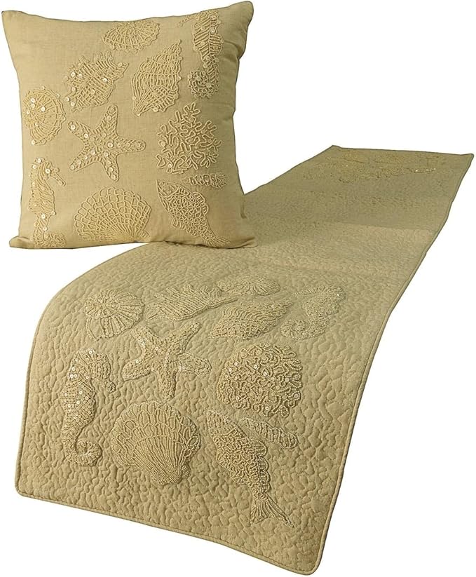 The HomeCentric King Queen Twin Beige Handmade Queen 74"x18" Bed Runner with Pillow Cover, Pearl Embroidery Bed Scarf on Linen Fabric - Off to The Sea