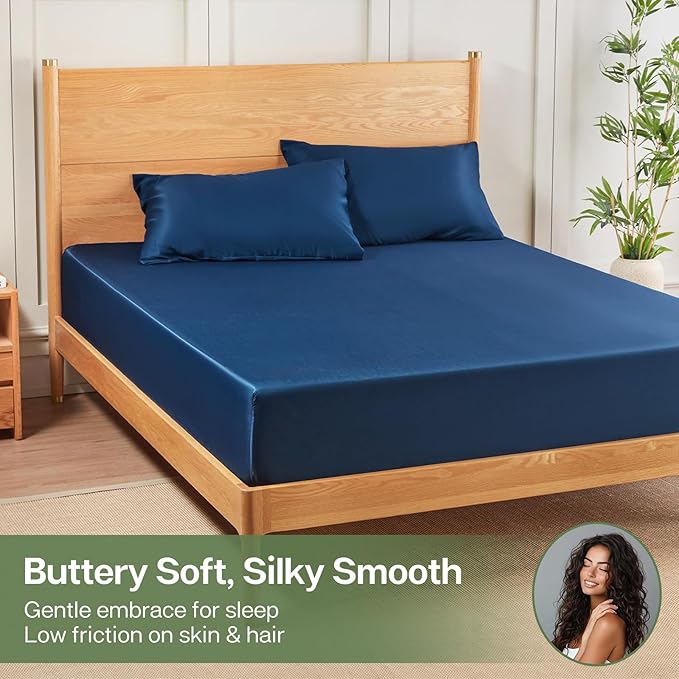 MR&HM Full Fitted Sheet Only, Ultra-Soft Rayon Derived from Bamboo & Polyester Blend, Silky & Breathable, 15" Deep Pocket with Elastic Straps, Cooling Fitted Sheet for Hot Sleepers, Navy Blue