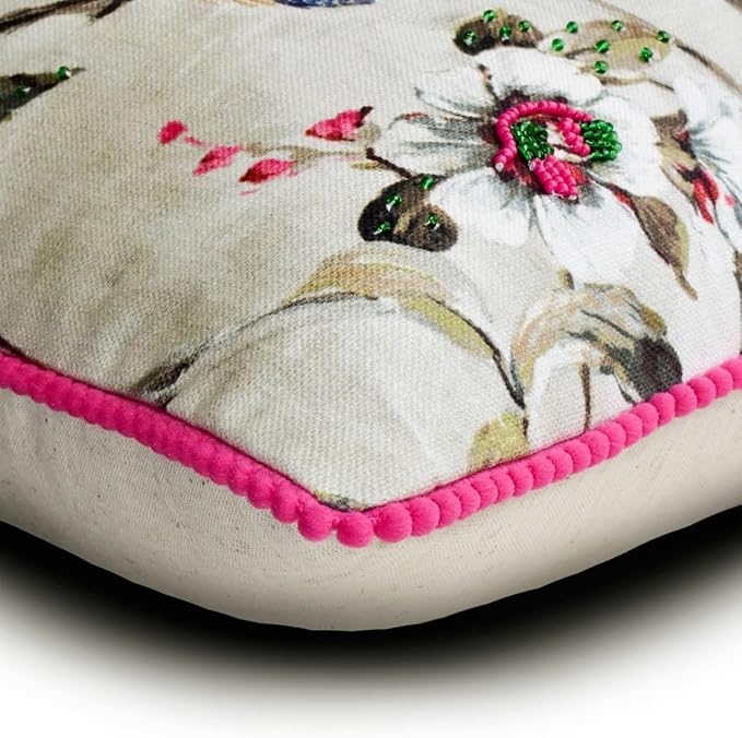 The HomeCentric King/Queen/Twin Pink & Purple Luxury Full 68"x18" Bed Runner with Two Pillow Cover, Peacock, Beaded, Pom Pom Lace Bed Scarf on Cotton Fabric - Pavo Paradiso