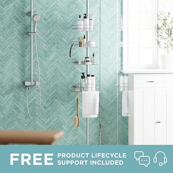 Zenna Home Tension Pole Shower Caddy Corner Organizer, Adjustable Standing Shower Caddy with 4 Baskets and Built in Towel Bar, Rust Resistant Bathroom Tension Rod Organizer, 60 to 97 Inch, Chrome