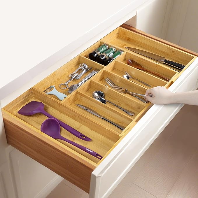 Utoplike Extra Large Kitchen Drawer Organizer, Solid Bamboo Silverware Tray