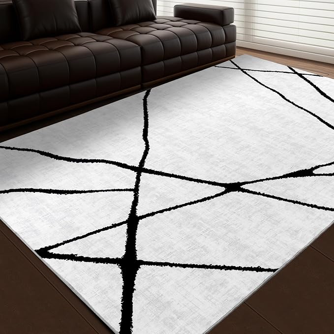 YIHOUSE Modern Washable Area Rug for Living Room Bedroom - Large Abstract Black and White Rug Non-Slip Ultra-Thin Home Decor,Geometric 6x9ft