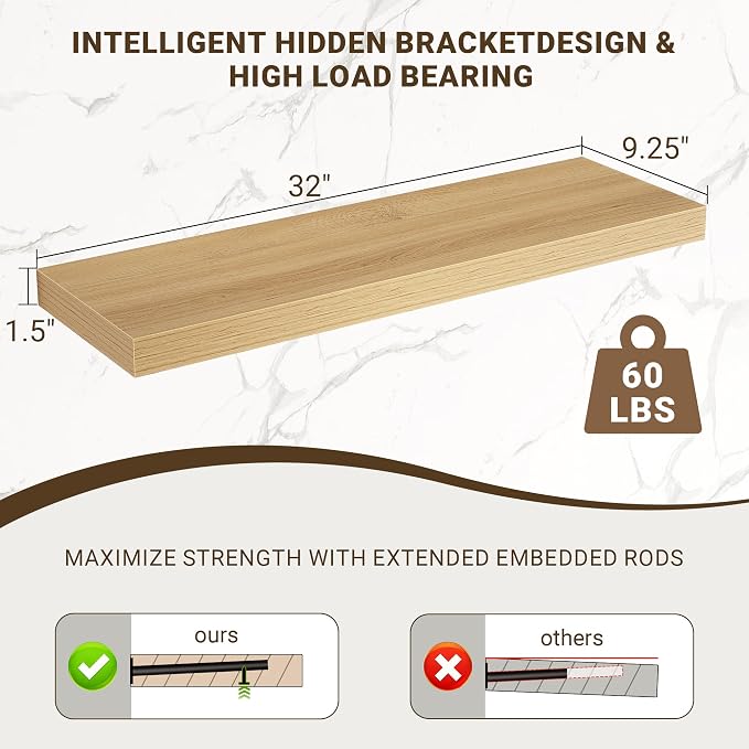 Acovy 32 Inch Floating Shelves, 3D Textured Wood Grain, Wooden Shelves