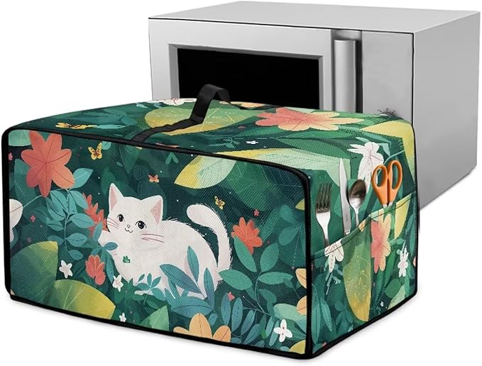 Air Fryer Toaster Oven Dust Cover Protective Convection Oven Cover with Pockets and Handle for Kitchen Countertop, M, 16.5 x 20.5 x 10 Inches, White Cat Green Leaf Flower