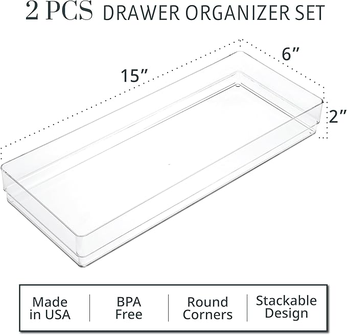 STORi SimpleSort 2-Piece Stackable Clear Drawer Organizer Set | 15" x 6" x 2" Rectangle Trays | Wide Makeup Vanity Storage Bins and Office Desk Drawer Dividers | Made in USA