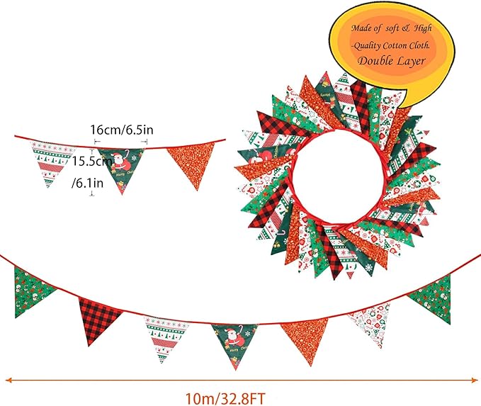 Zwiebeco 32Ft Red Green Christmas Pennant Banner Triangle Flags Fabric Bunting Garland Red-Black Plaid Checkered Cotton Flag for Xmas Birthday Wedding Christmas New Year Party Home Garden Decorations