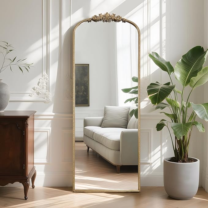 WallBeyond Arched Full Length Mirror Wall Mounted, 21x56 Inch Gold Antique Mirror, Vintage Metal Frame Full Body Mirro for Bedroom, Living Room, Hanging or Leaning