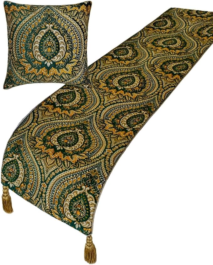 The HomeCentric King/Queen/Twin Green Luxury CA King 86"x18" Bed Runner with Two Pillow Cover, Damask, Tassels & Tapestry Bed Scarf on Jacquard Fabric - Damask Tapestry