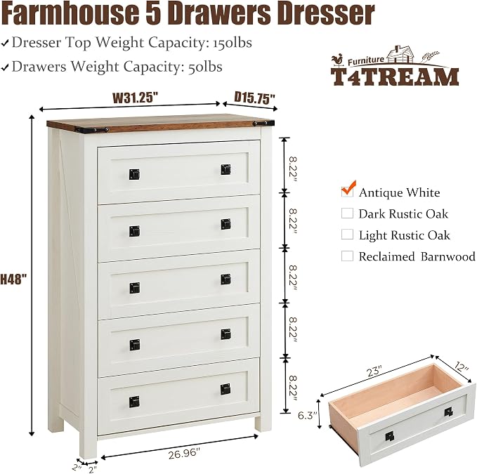 T4TREAM Farmhouse 5 Drawers Dresser Chests