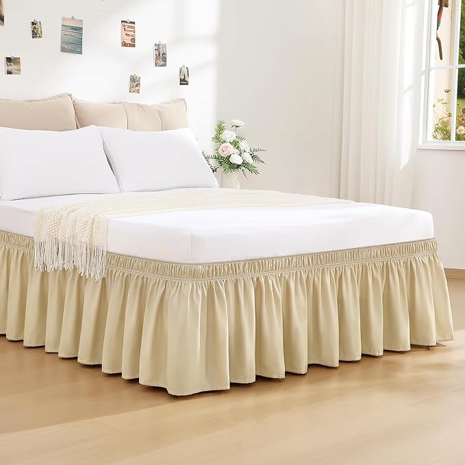 RIMELA Beige White Bed Skirt Queen Size 15 Inch Drop, Elastic Bed Skirting for Bed Base and Frame, Bedding Dust Ruffle Easy to Install, Lightweight Wrap Around Adjustable Bedskirt