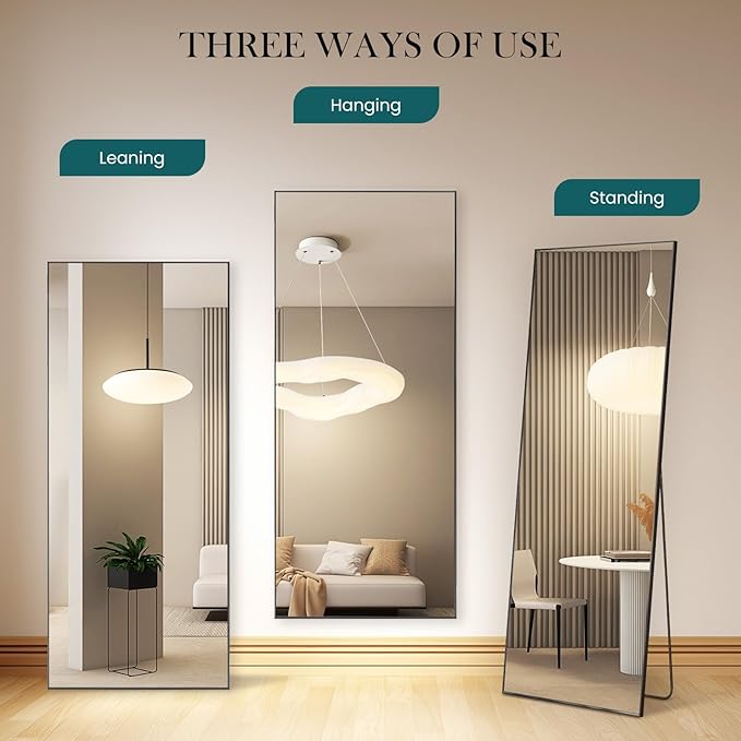 NEWBULIG 64"x21" Full Length Mirror, Full Body Floor Mirror with Aluminum Alloy Thin Frame, Wall or Standing Mirror for Bedroom, Living Room, Dressing Room, Black