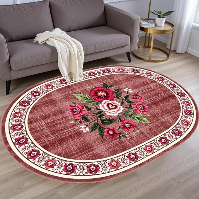 Retro Country Distressed Burgundy Green Florals Texture Bordered Rugs 5x7 for Living Room Bedroom Dining Room Soft Washable Non Skid Area Rug Guestroom Kitchen Doormats Rustic Indoor Oval Carpet