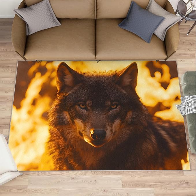 Wolf Rugs for Bedroom - 5x7 Area Rug - Timber Wolf Rugs for Living Room, Sunset Landscape Rug, Non-Slip Washable Home Decor Carpet