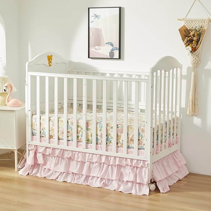 Brandream Crib Bed Skirt for Baby Girls Boys Blush Pink Boho Bohemian Solid Cotton Toddler Bedskirt Farmhouse Chic Ruffle