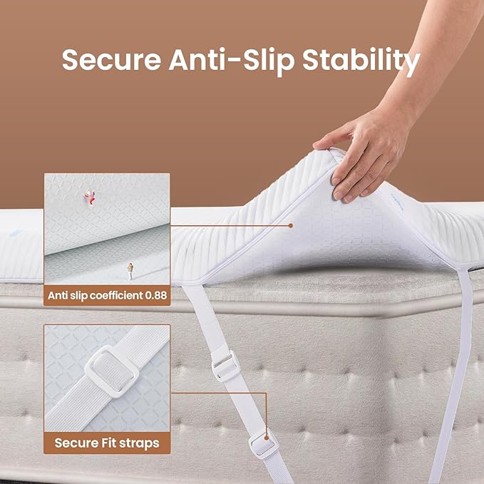 OhGeni 4 Inch Cooling Twin XL Gel Memory Foam Mattress Topper Pad,Washable Bed Cover with Anti-Slip Base,Zipper & Straps,Extra Comfort & Back Pain Relief, Medium Feel,College Dorm Room Essential