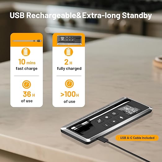Wireless Meat Thermometer with Smart Timer & APP Control, 800ft Bluetooth Grill Food Thermometer - 0.19In-Ultra Thin Probe, ±0.5℉ Accuracy, Digital Backlit Screen for BBQ, Oven, Smoker, Kitchen