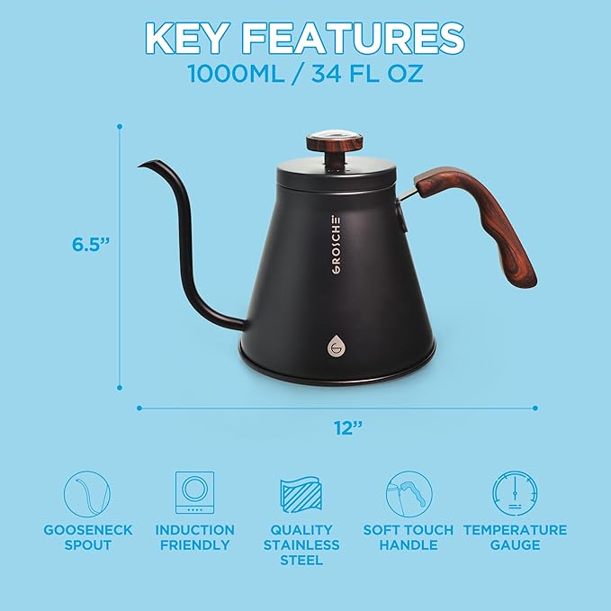 GROSCHE Marrakesh Gooseneck Pour Over Kettle Stovetop - 34 fl. oz (Black)