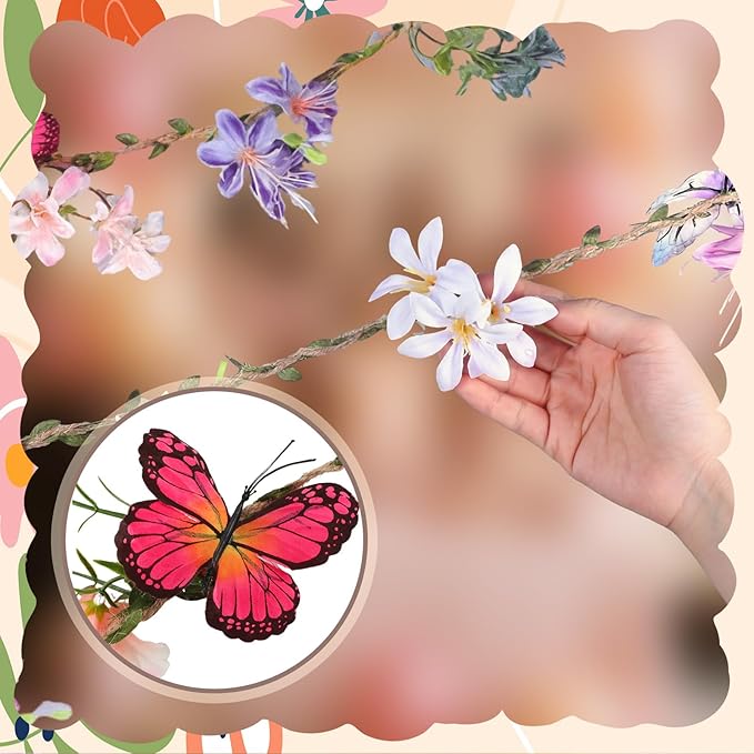 Hahafelt 2 Pcs 6.56 ft Spring Wildflower Garland Banner with Butterfly Green Leaves Artificial Fake Hanging Flower Vine for Garden Tea Party Fairy Wall Home Wedding Indoor Outdoor Decor (Wildflower)