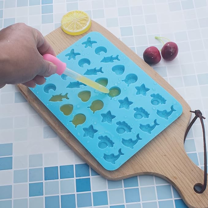 Vpqnee 3 Pack Mini Silicone Gummy Candy Chocolate Molds Contains Small Hearts, Fruits, Marine Animal Shapes and 2 Droppers for Making Gummy, Candy, Chocolate and Small Ice Cubes