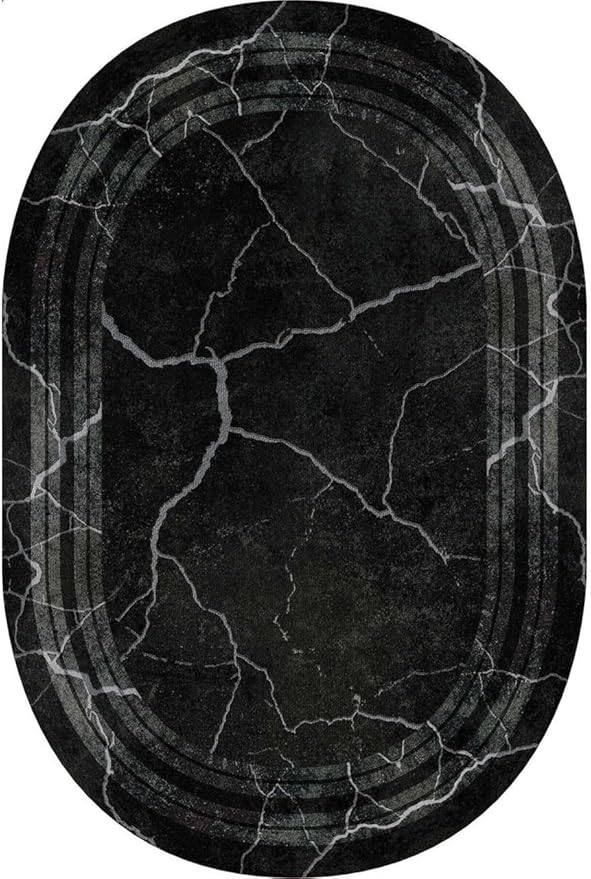 Black Grey Striped Texture Bordered Rugs 7x9 Modern Minimalist Indoor Large Area Rug for Living Room Bedroom Dining Room Soft Faux Wool Non Slip Floor Mats Entrance Bathroom Home Office Oval Carpet
