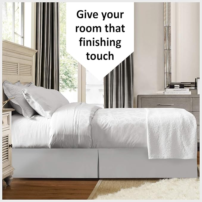 Bed Skirt - 100% Cotton 800 Thread Count Box Pleated Bed Skirt - Luxury Pleated Dust Ruffle, Hotel Quality Modern Bed Skirt, Easy Fit with 12 Inch Tailored Drop, Olympic Queen, Light Grey