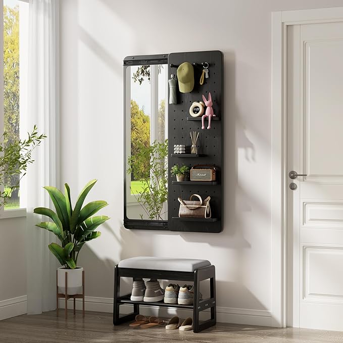 KungFuWood Full Length Mirror with Shelf and Hooks,Entry Way Mirrors for Wall,Wall Mirror with Shelf,Wall Mirror with Storage Multifunctional Design Panel,Living Room